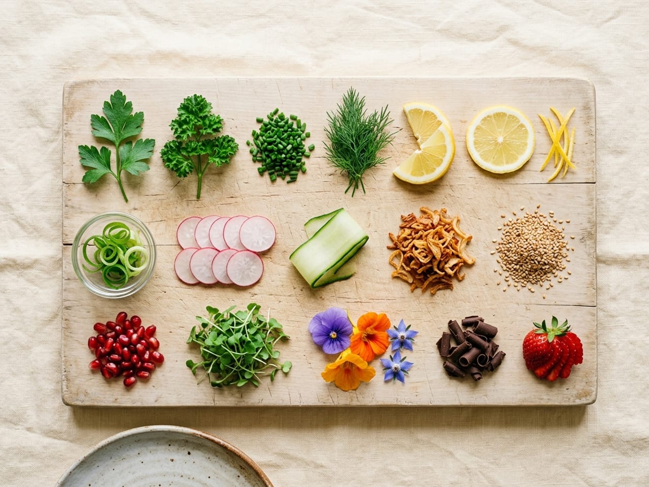 A flat-lay of food garnishes in rows on a wooden board: flat-leaf and curly parsley, chopped chives, dill, lemon wedges, a lemon wheel and zest strips, a glass bowl of scallion curls, radish slices, a cucumber ribbon, crispy fried shallots, sesame seeds, pomegranate seeds, microgreens, violas, a nasturtium and borage flowers, chocolate curls and a strawberry fan