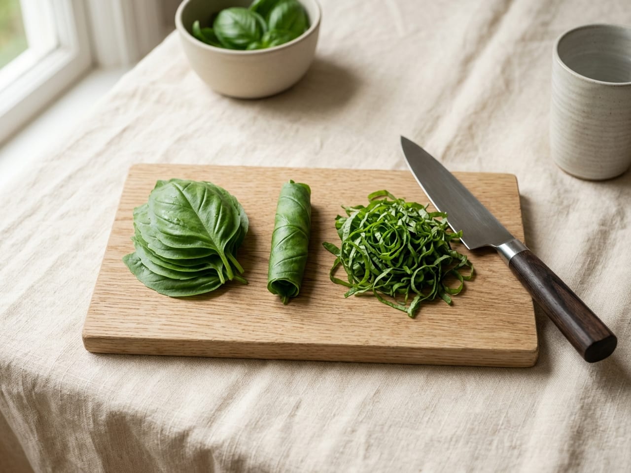 A wooden board with a stack of large basil leaves, the same leaves rolled into a tight cigar, and a loose pile of thin green basil ribbons, a chef's knife beside them