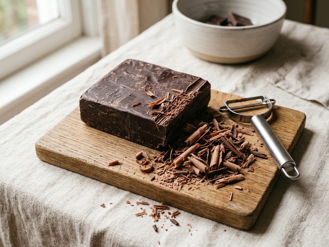 A thick block of dark chocolate on a wooden board with curls and shavings piled in front of it and a Y-shaped peeler beside it