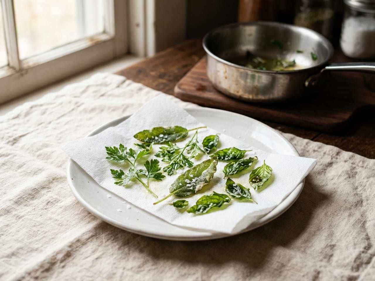 Fried sage leaves, parsley sprigs and basil leaves, translucent, crisp and still bright green, on a paper towel on a white plate with a sprinkle of flaky salt