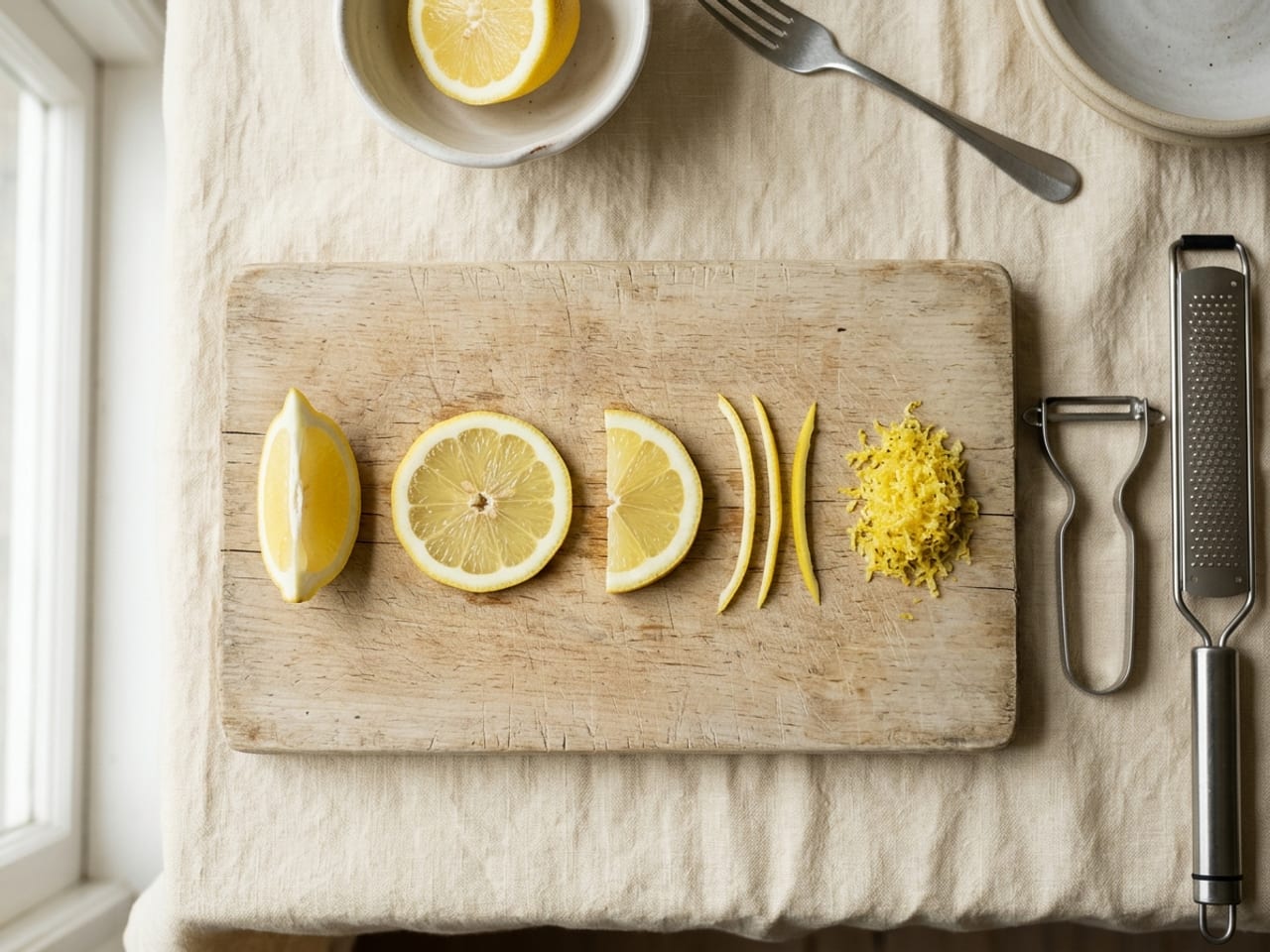 One lemon cut into food garnishes in a row on a wooden board: a wedge with the core trimmed, a thin wheel, a half-wheel, thin strips of zest and a small pile of grated zest, with a Y-peeler and a fine rasp grater beside them