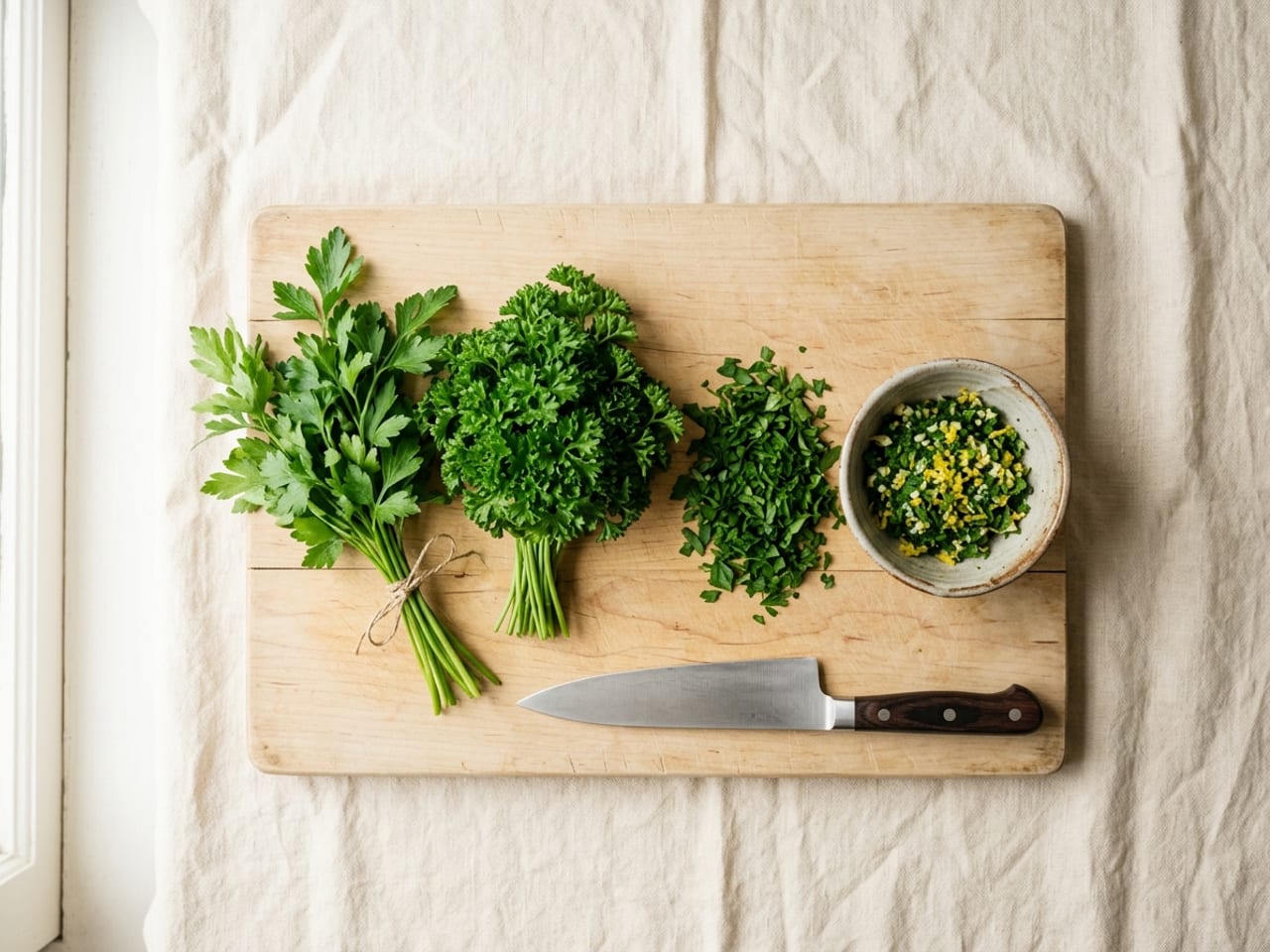 A wooden board with a bunch of flat-leaf parsley, a bunch of curly parsley, a small pile of finely chopped parsley and a little bowl of gremolata flecked with lemon zest and garlic, a chef's knife along the bottom