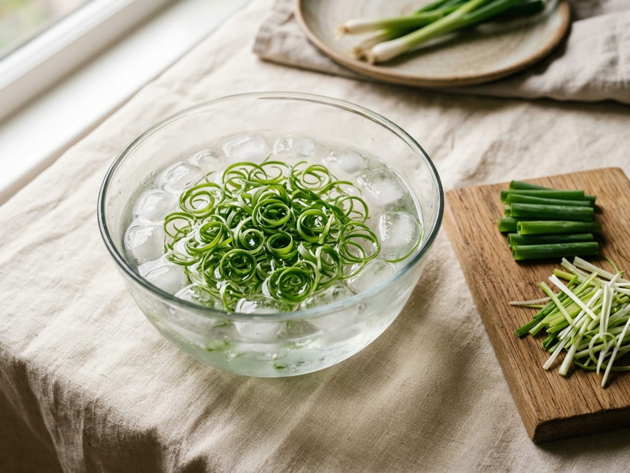 A glass bowl of ice water full of curled green scallion curls, and beside it on a board short lengths of scallion sliced into thin straight strips, not yet curled