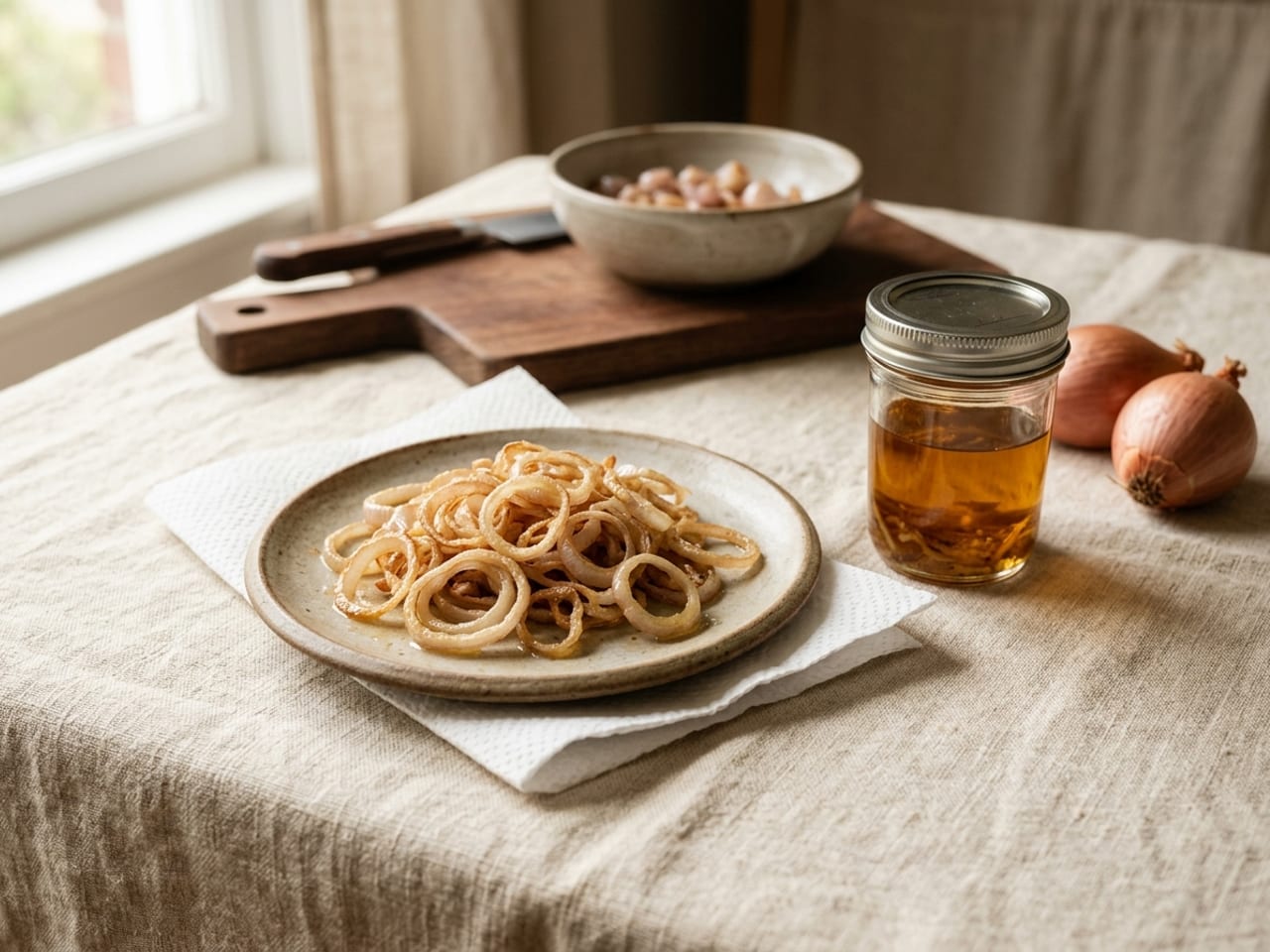 Thin rings of fried shallot, evenly golden, draining on a paper towel on a small plate, a jar of amber shallot oil and two whole shallots beside them