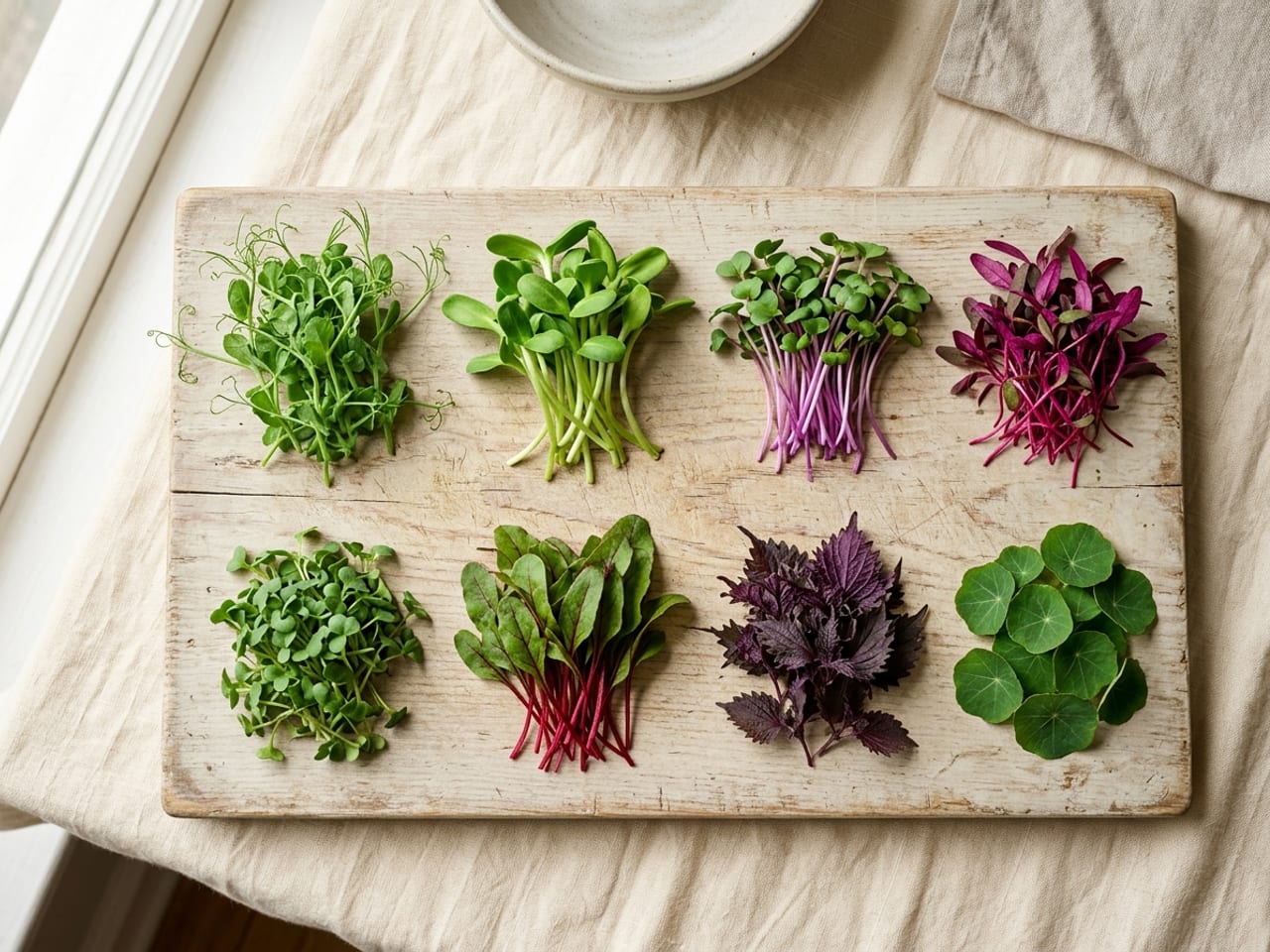 Eight small piles of microgreens on a wooden board: pea shoots with tendrils, sunflower shoots, purple-stemmed radish, deep red amaranth, tiny broccoli, red-veined beet, purple shiso and small round nasturtium leaves