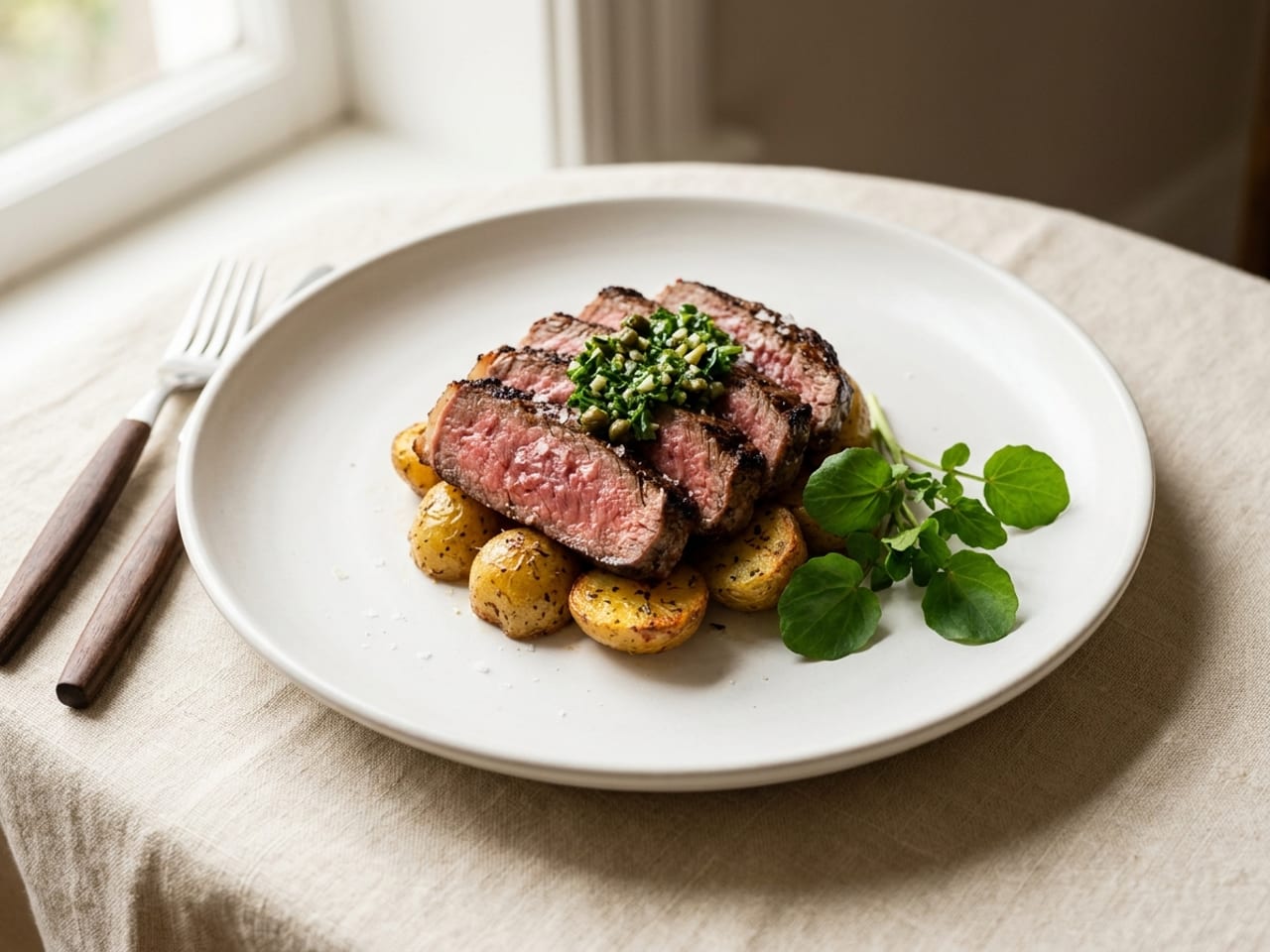 A sliced medium-rare steak fanned over roasted baby potatoes on a wide white plate, a spoonful of green salsa verde on the steak and a few watercress sprigs beside it, the rim clean