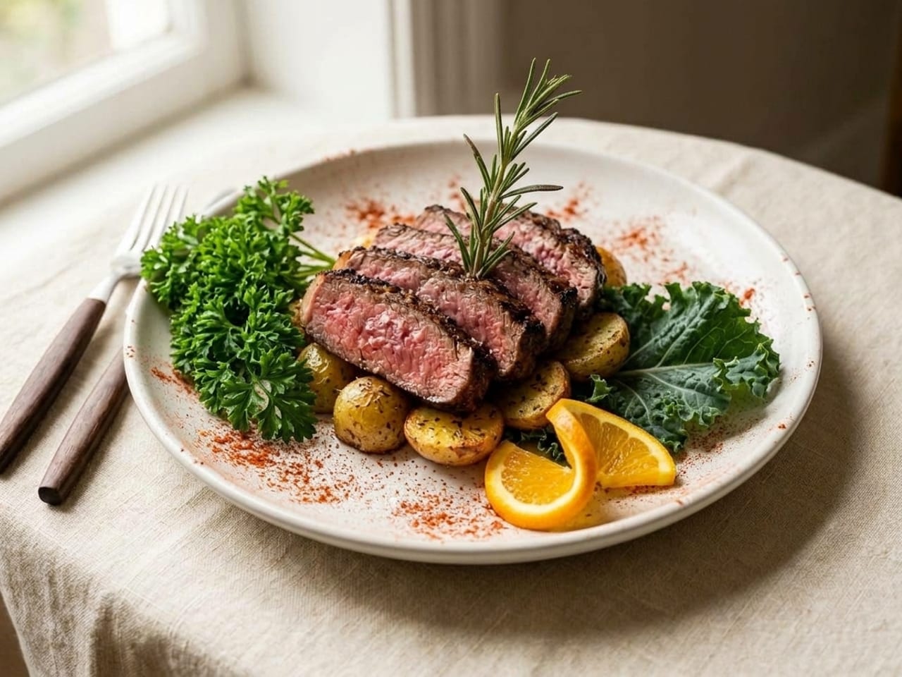 A sliced steak with roast potatoes on a white plate, over-garnished: a big sprig of curly parsley and an orange slice on the rim, a raw kale leaf under the potatoes, a rosemary branch standing in the steak and paprika dusted over the whole plate, rim included