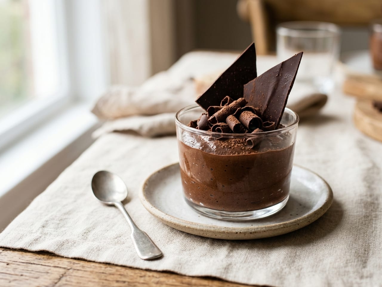 A dark chocolate mousse in a short glass on a small plate, topped with dark chocolate curls, a dusting of cocoa and two thin chocolate shards standing up