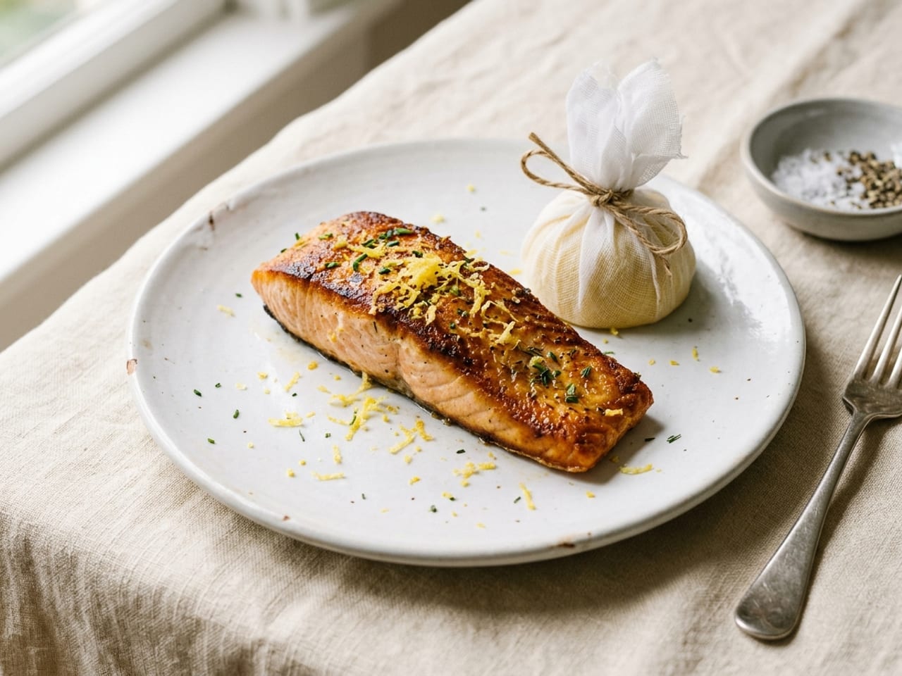 A seared salmon fillet with a golden crust on a white plate, finely grated lemon zest over the top and a lemon half wrapped in white muslin and tied with string beside it