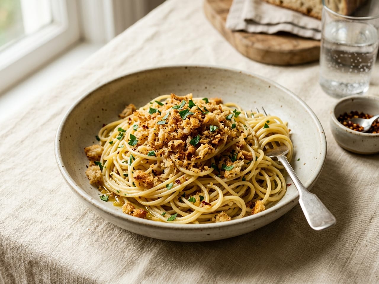 A shallow bowl of spaghetti with olive oil and garlic, topped with a spoonful of craggy golden toasted breadcrumbs and a little chopped parsley