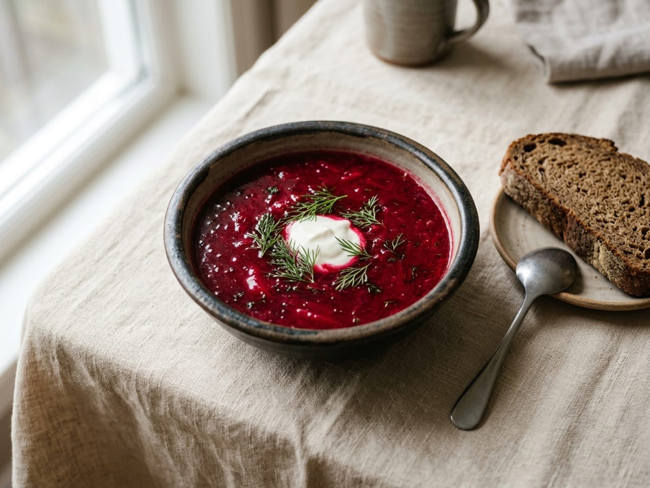 A bowl of deep magenta beet soup with one neat white dollop of sour cream in the middle topped with small dill sprigs, a slice of dark rye bread beside it