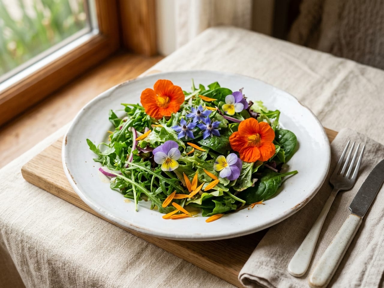 A green leaf salad on a wide white plate garnished with orange nasturtium flowers, purple and yellow violas, small blue borage stars and orange calendula petals