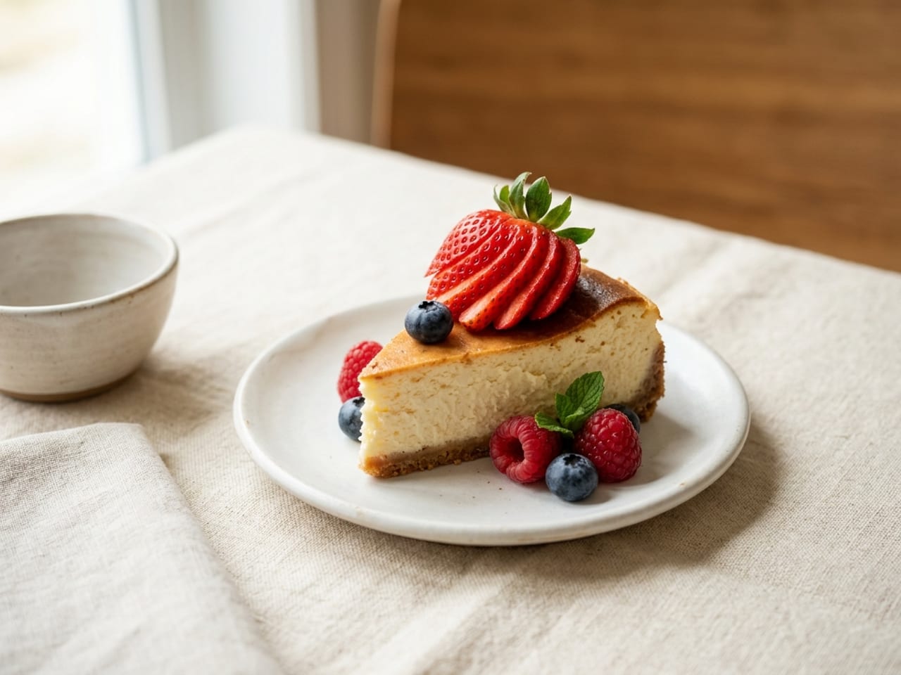 A slice of baked cheesecake on a small white plate topped with a fanned strawberry and a small mint leaf, with raspberries and blueberries at its base