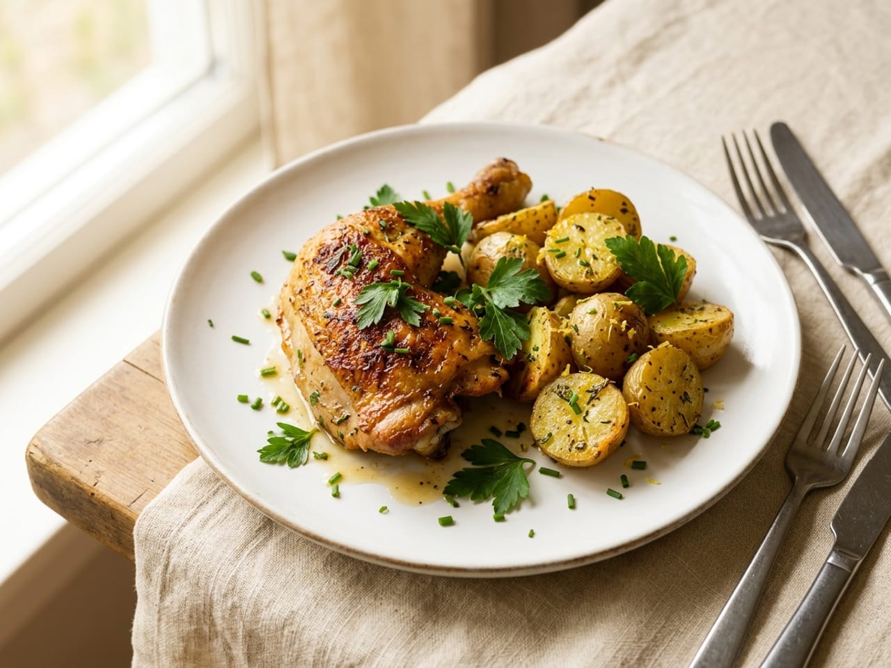 A roast chicken thigh with crisp golden skin beside lemony potatoes on a white plate, scattered with whole flat-leaf parsley leaves and finely chopped chives, the rim of the plate left clean