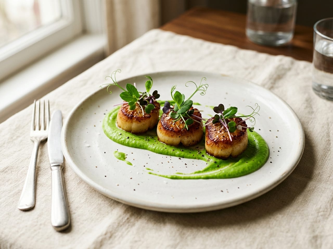 Three seared scallops in a row on a swoosh of bright green pea purée, each topped with a small tuft of pea shoots and purple-stemmed radish microgreens