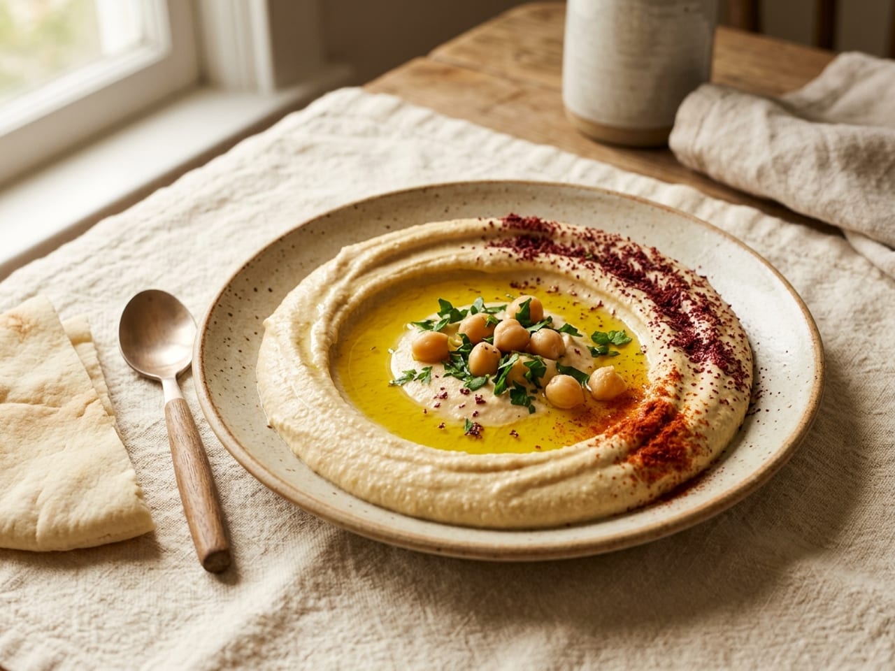 A plate of smooth swirled hummus with a pool of golden olive oil, whole chickpeas and chopped parsley in the middle, and a dusting of deep red sumac and paprika over one side
