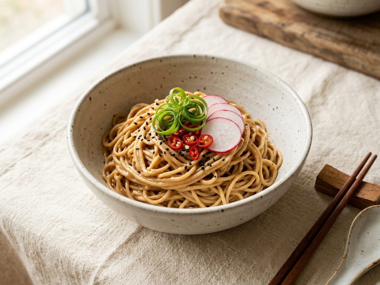 Cold sesame noodles in a speckled stoneware bowl, topped with a small tangle of curled scallion curls, thin pink-edged radish slices and slices of red chilli
