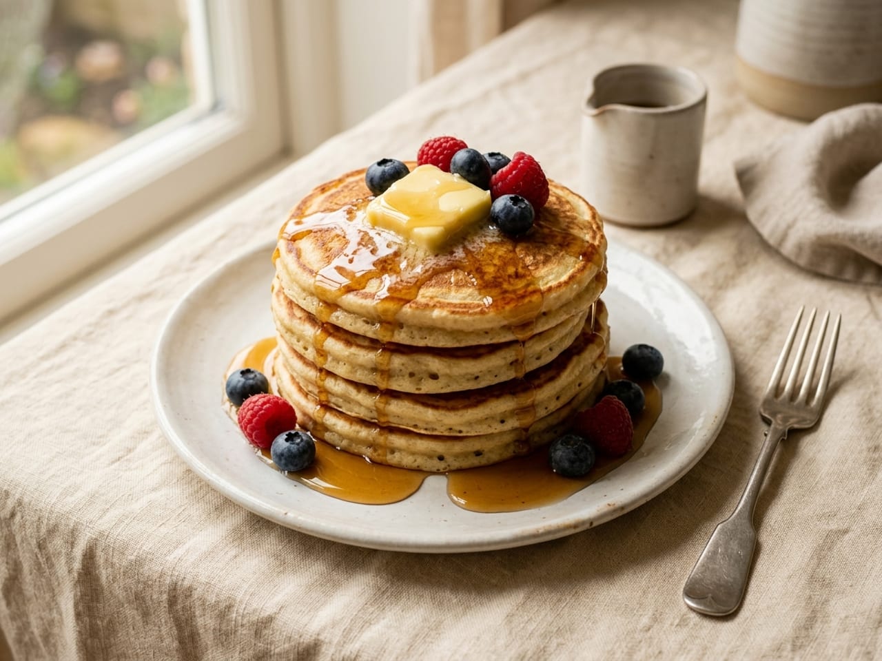 AI illustration: the same stack of four pancakes seen from a three-quarter angle, the top and the side both visible, a small jug and a fork beside the plate