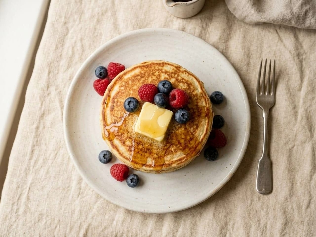 AI illustration: a stack of pancakes with butter, syrup and berries seen from directly above, a round shape on a white plate with a fork beside it