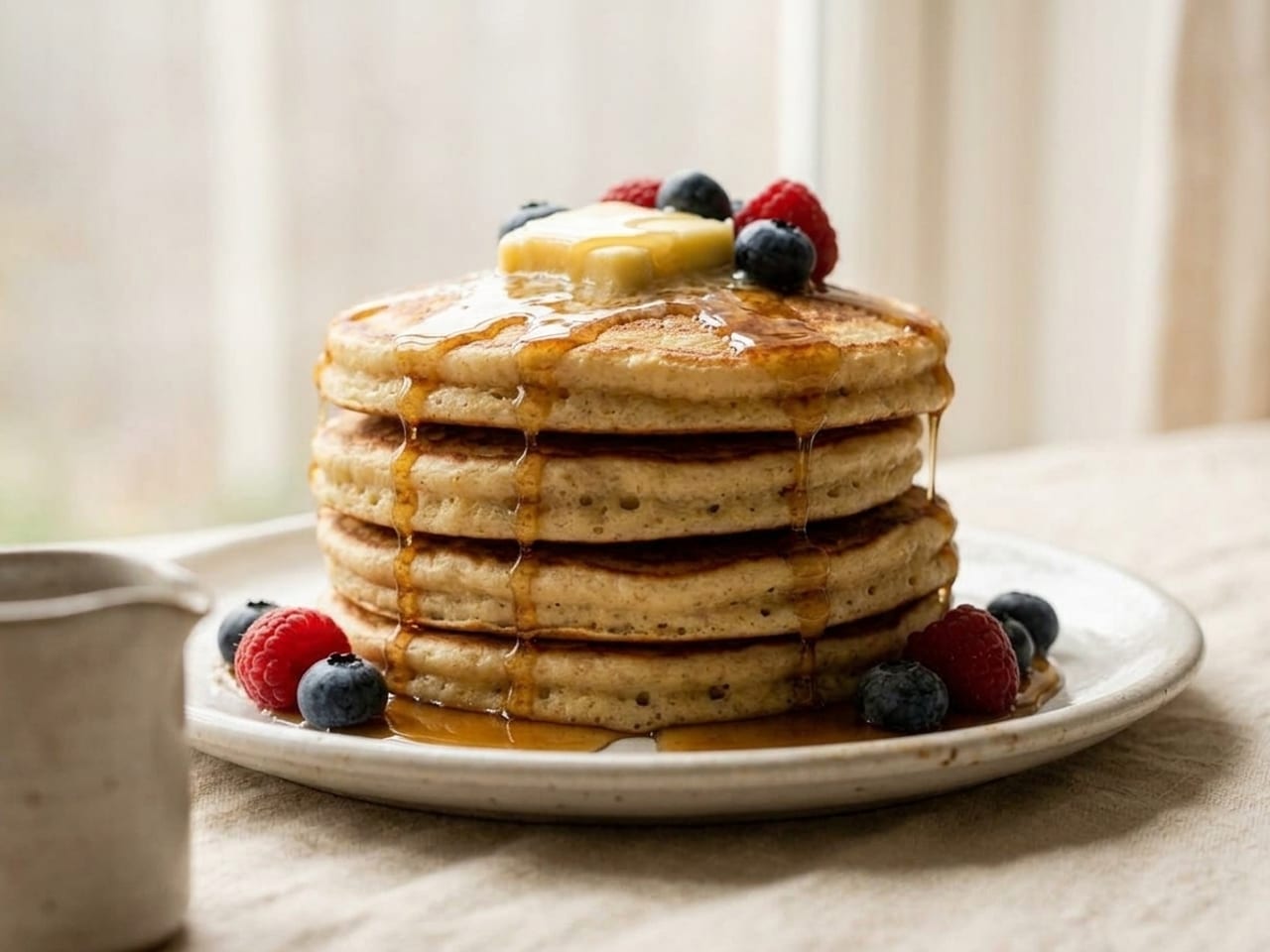 AI illustration: the same stack of pancakes seen straight on at table level, the four layers and the syrup running down the side, the window blurred behind