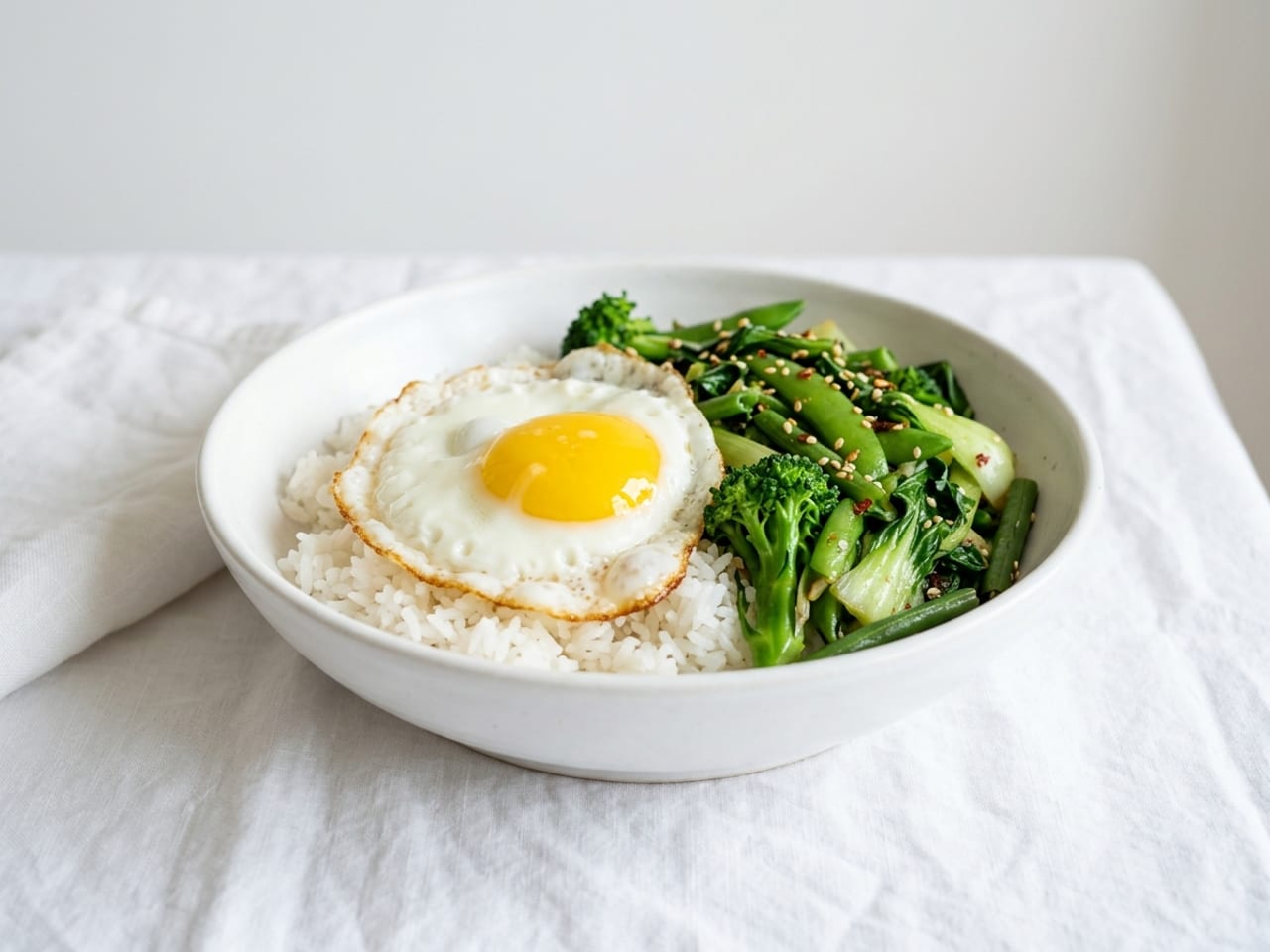 AI illustration of neutral white balance: the same bowl of rice, fried egg and green vegetables with the bowl and the cloth looking white and the colours of the food distinct