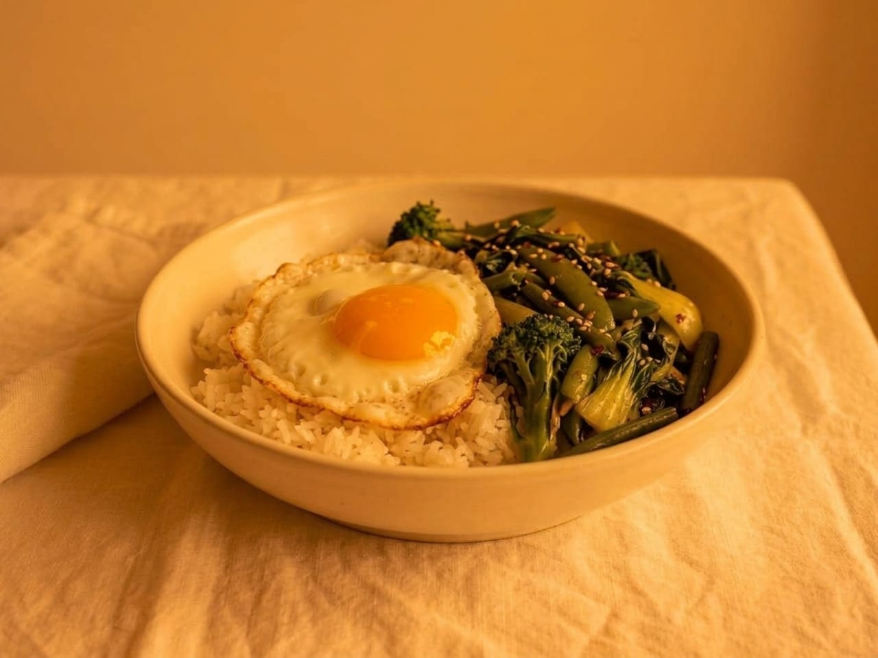 AI illustration of a warm colour cast: a white bowl of rice with a fried egg and green vegetables on a white cloth, the whole picture tinted orange as under a household bulb, the white bowl and cloth looking orange