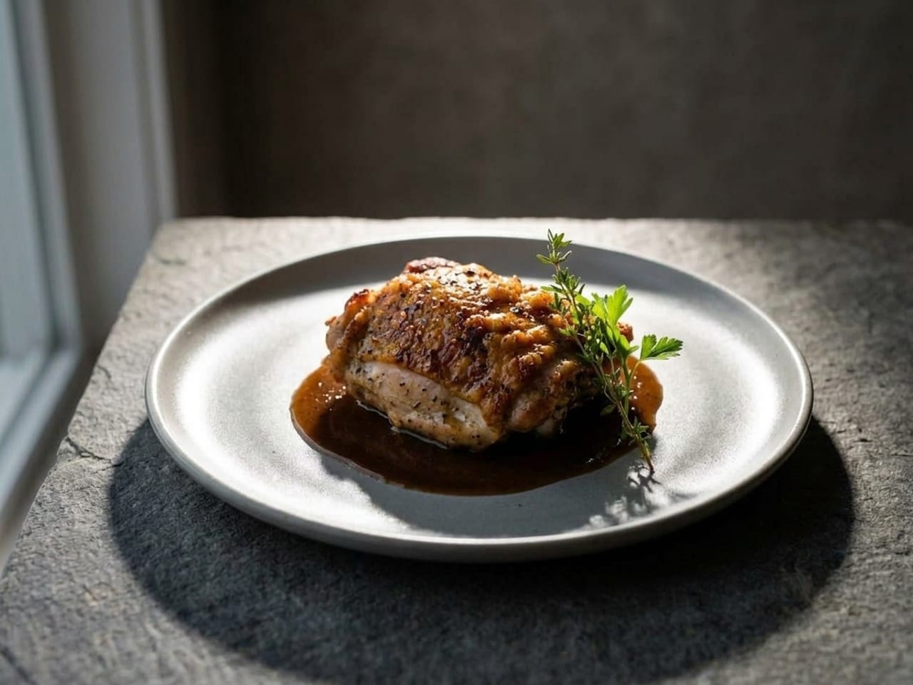 AI illustration of back light: the same chicken thigh lit from behind, a bright rim along its far edge, the herb leaves glowing, the sauce shining, the side facing the camera darker and the shadow falling toward the camera