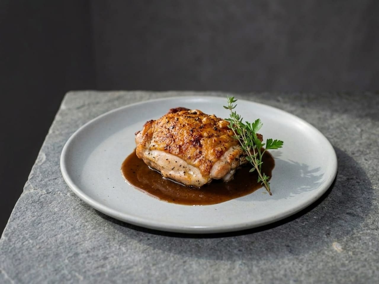 AI illustration of front light: the same chicken thigh lit from the camera's position, evenly bright with only faint shadows, no darker side, and the wall behind falling darker