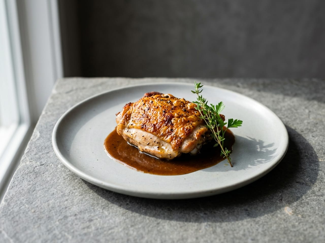 AI illustration of side light: a roast chicken thigh with crisp skin, a spoonful of glossy sauce and a sprig of herbs on a pale plate, lit from the left so the skin shows its texture and a soft shadow falls to the right