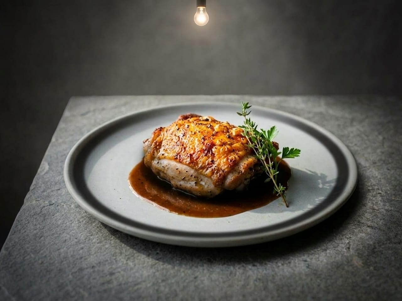 AI illustration of top light: the same chicken thigh under a bare bulb hanging directly above, a bright spot on top of the chicken, its sides duller, and a ring of shadow close around the plate