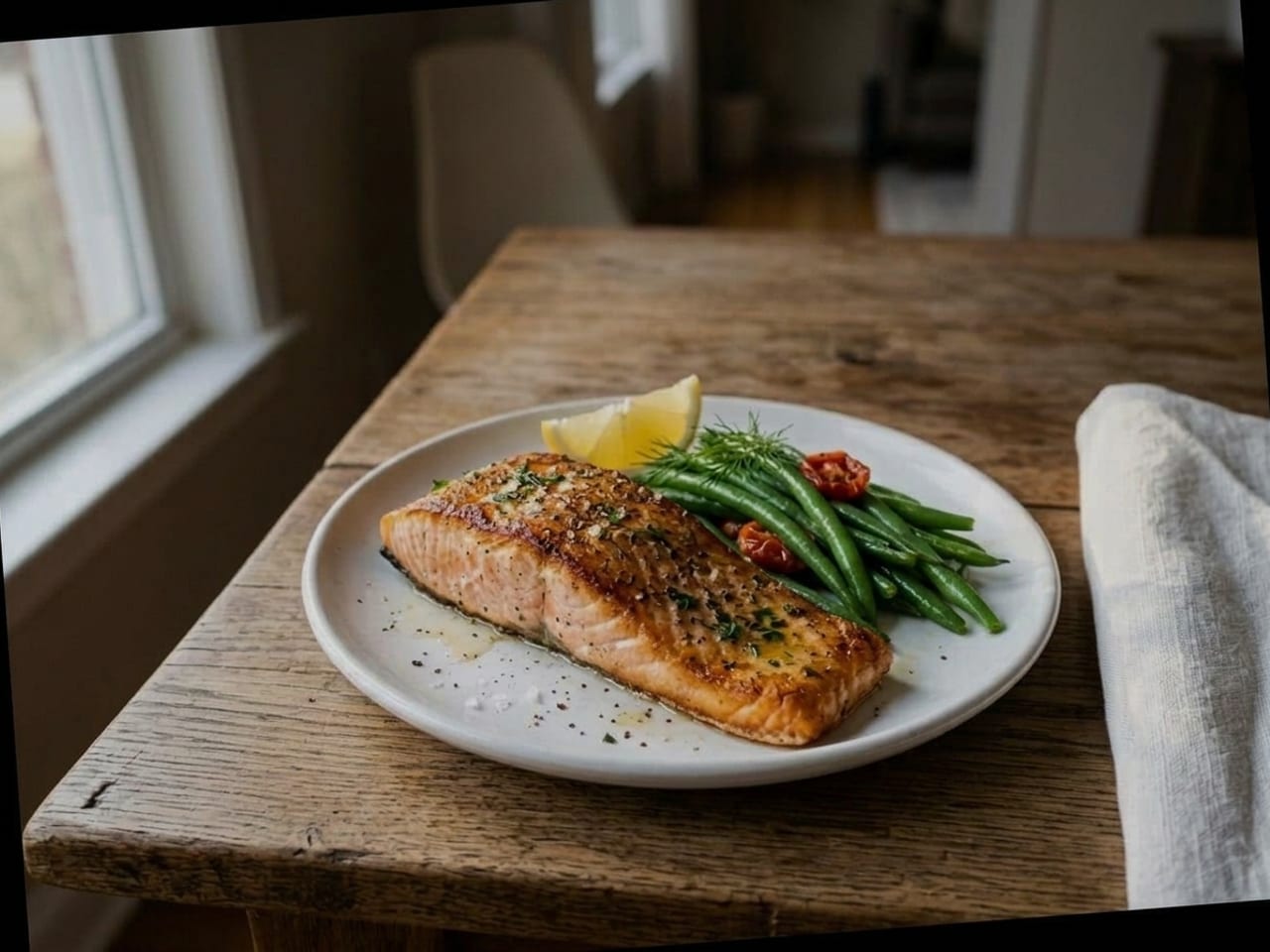 AI illustration of an unedited phone picture: the salmon plate from the top of this page, slightly crooked, dull and a little dark, with a cool grey cast and low contrast