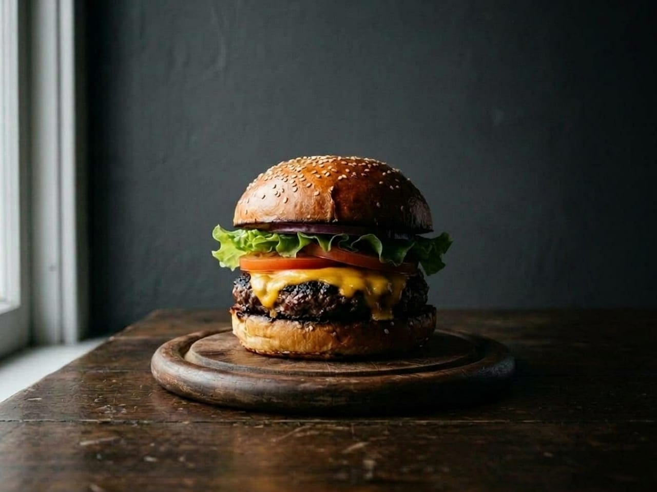 AI illustration of side light with no fill: a tall cheeseburger on a small wooden board lit from a window on the left, its right side and the table beside it falling into shadow