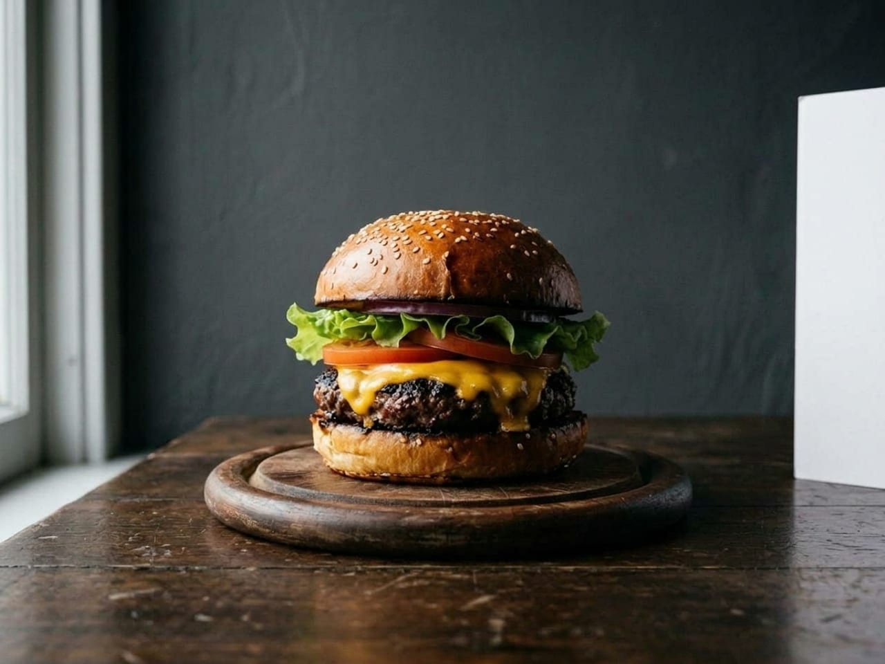 AI illustration of side light with fill: the same cheeseburger with a white card standing at the right edge of the frame, the side away from the window lifted so the bun, lettuce and patty show detail
