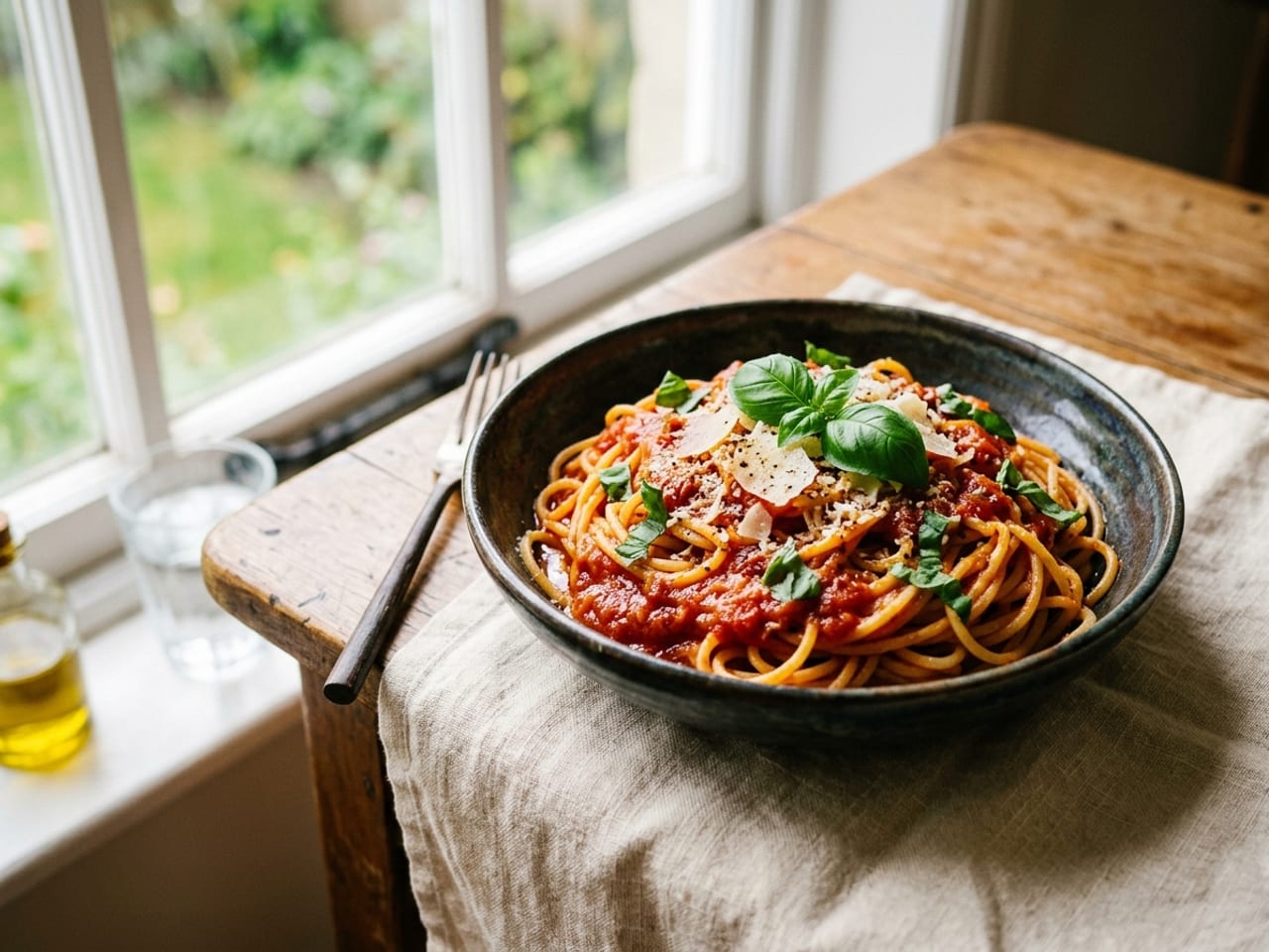 The identical pasta dish beside a window in soft side light — textured, saturated, appetizing