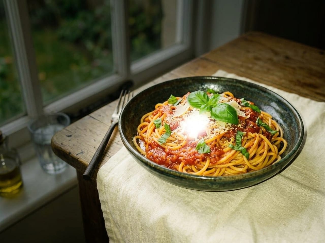 The same pasta dish shot with phone flash under yellow overhead light — washed out, murky background, a harsh glare hotspot burned into the bowl