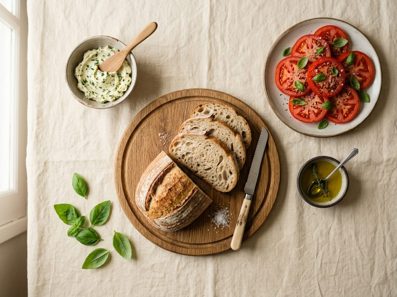 A flat-lay food scene shot straight overhead: a board of small dishes, bowls and garnishes arranged as clean graphic shapes