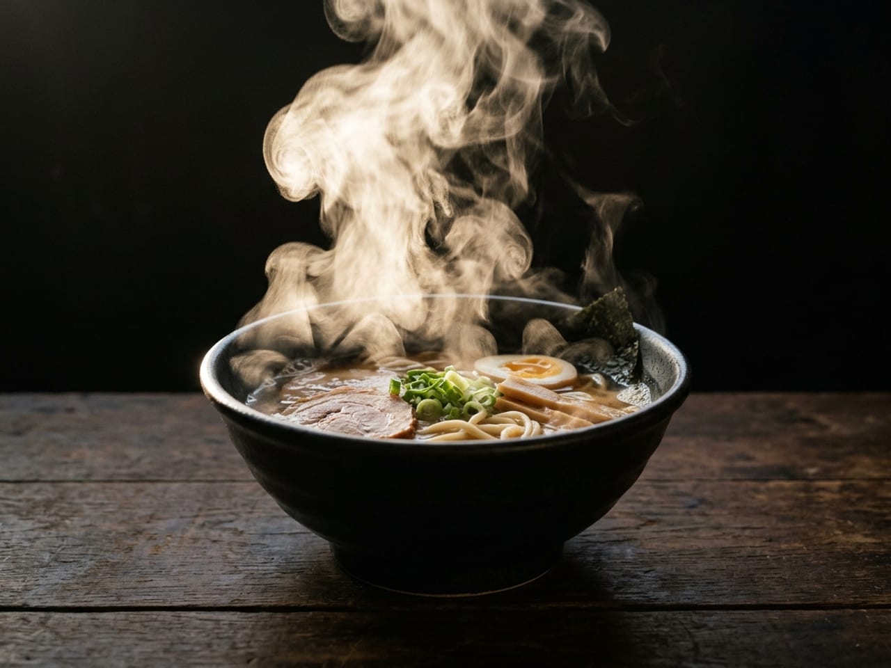 AI illustration of steam lit from behind: a bowl of noodle soup on a dark table against a dark background, light from behind and to one side making the rising steam glow
