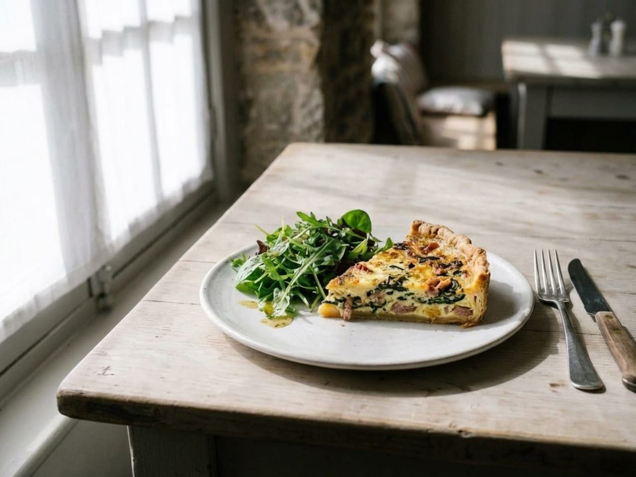 AI illustration of soft light: the same quiche and salad on the same plate with the sun softened as if by a white sheet over the window, even light, soft-edged shadows and detail visible in the white plate