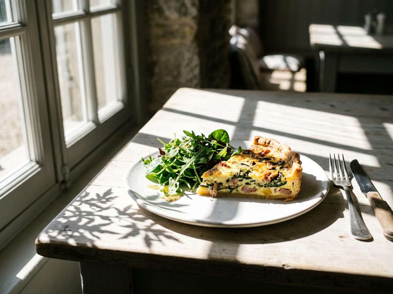 AI illustration of hard light: a slice of quiche and a small leaf salad on a white plate beside a window, direct sun casting sharp-edged bright stripes and deep black shadows across the plate, the white of the plate glaring
