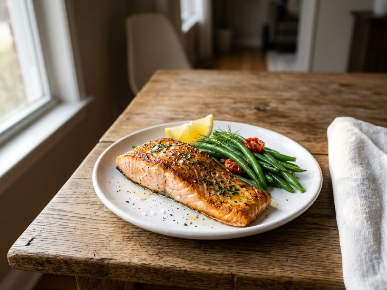 A seared salmon plate on a wooden table beside a large window, soft daylight raking across the food from the left