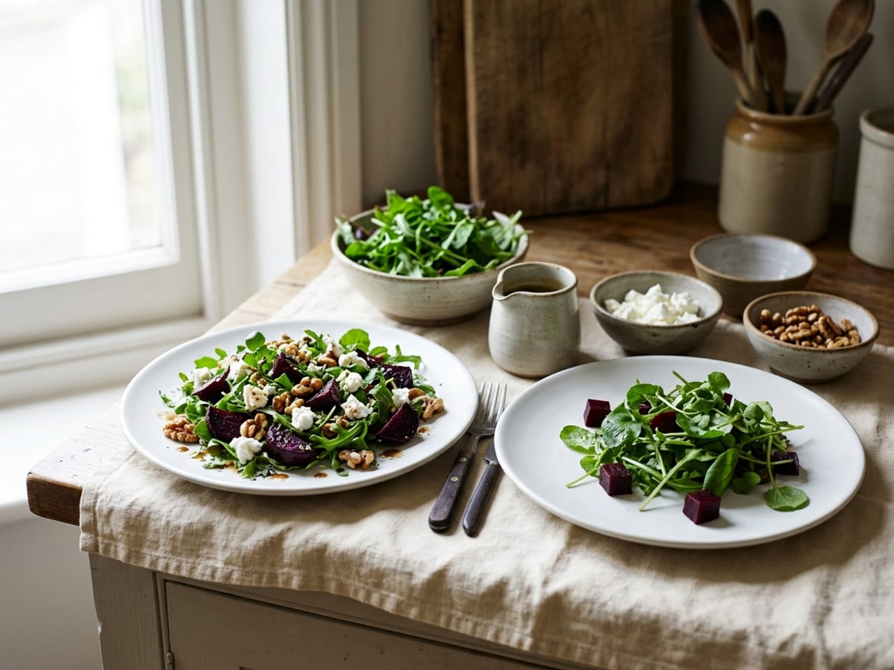 Two plates of the same beetroot and goat cheese salad on a kitchen counter, one fully dressed for the camera and a backup half plated with components held back in small bowls