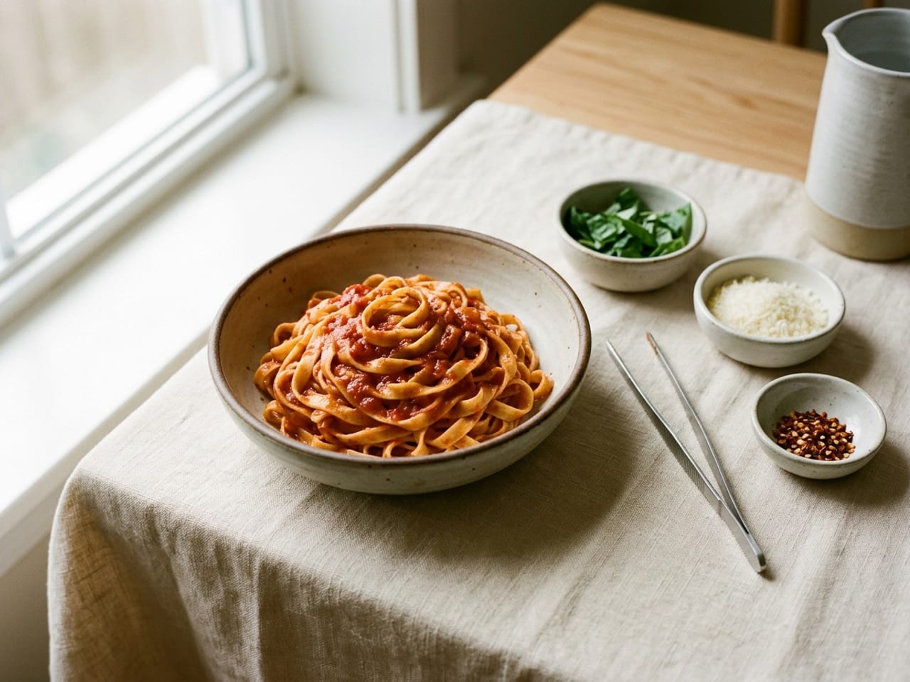 A finished plate of tagliatelle with tomato sauce and no garnish yet, three small bowls of basil, parmesan and chili flakes staged beside it