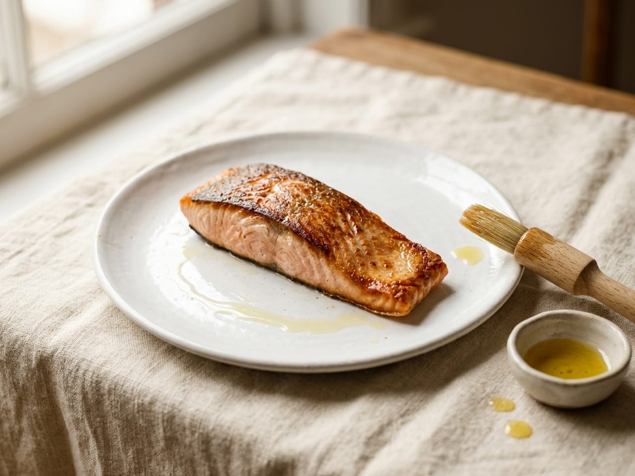 A pan-seared salmon fillet on a white plate shining with a just-brushed gloss of oil, a small pastry brush and a dish of oil beside the plate