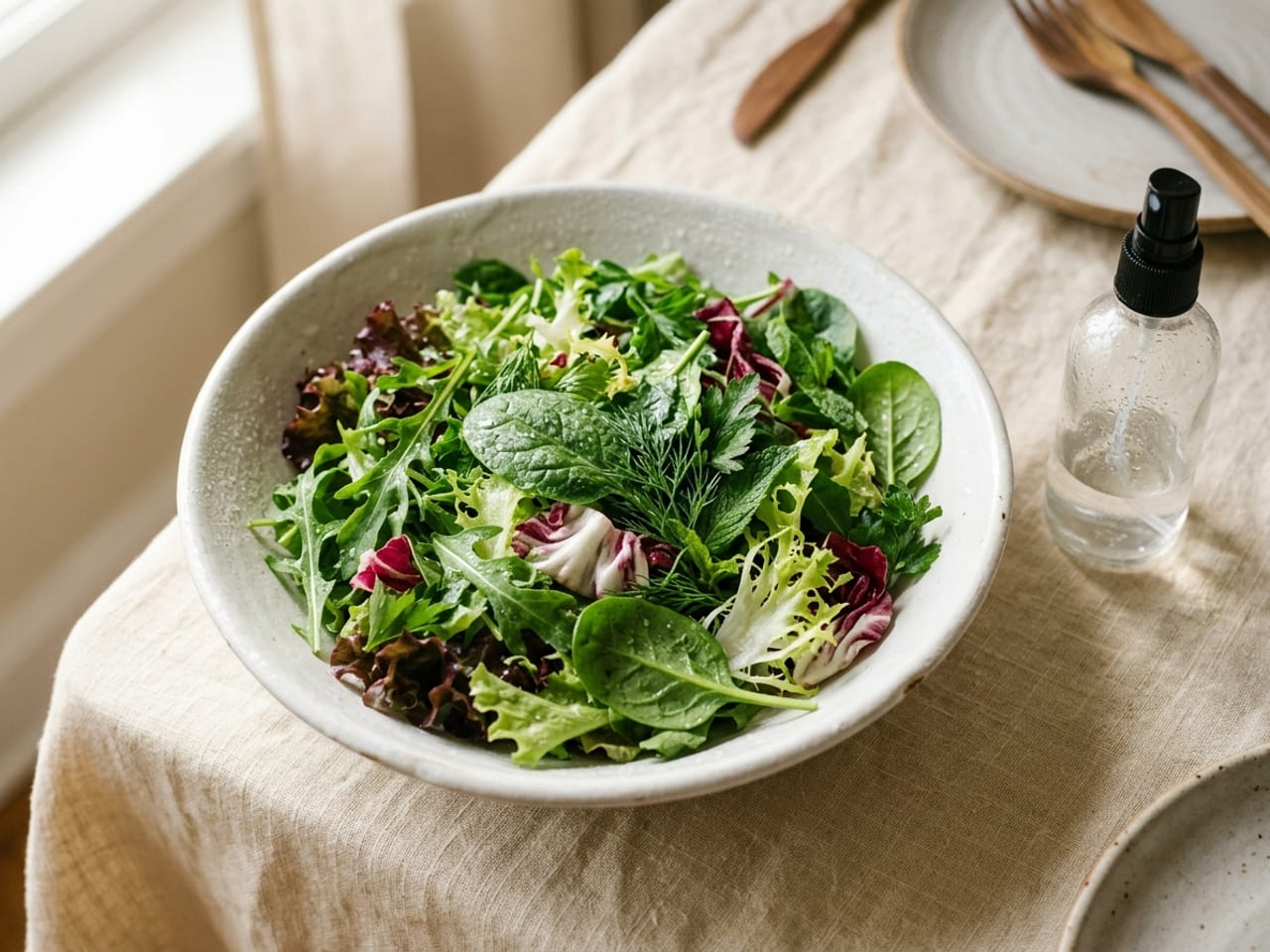 A shallow white bowl of salad leaves and herbs carrying a fine mist of water droplets, a small spray bottle standing beside it