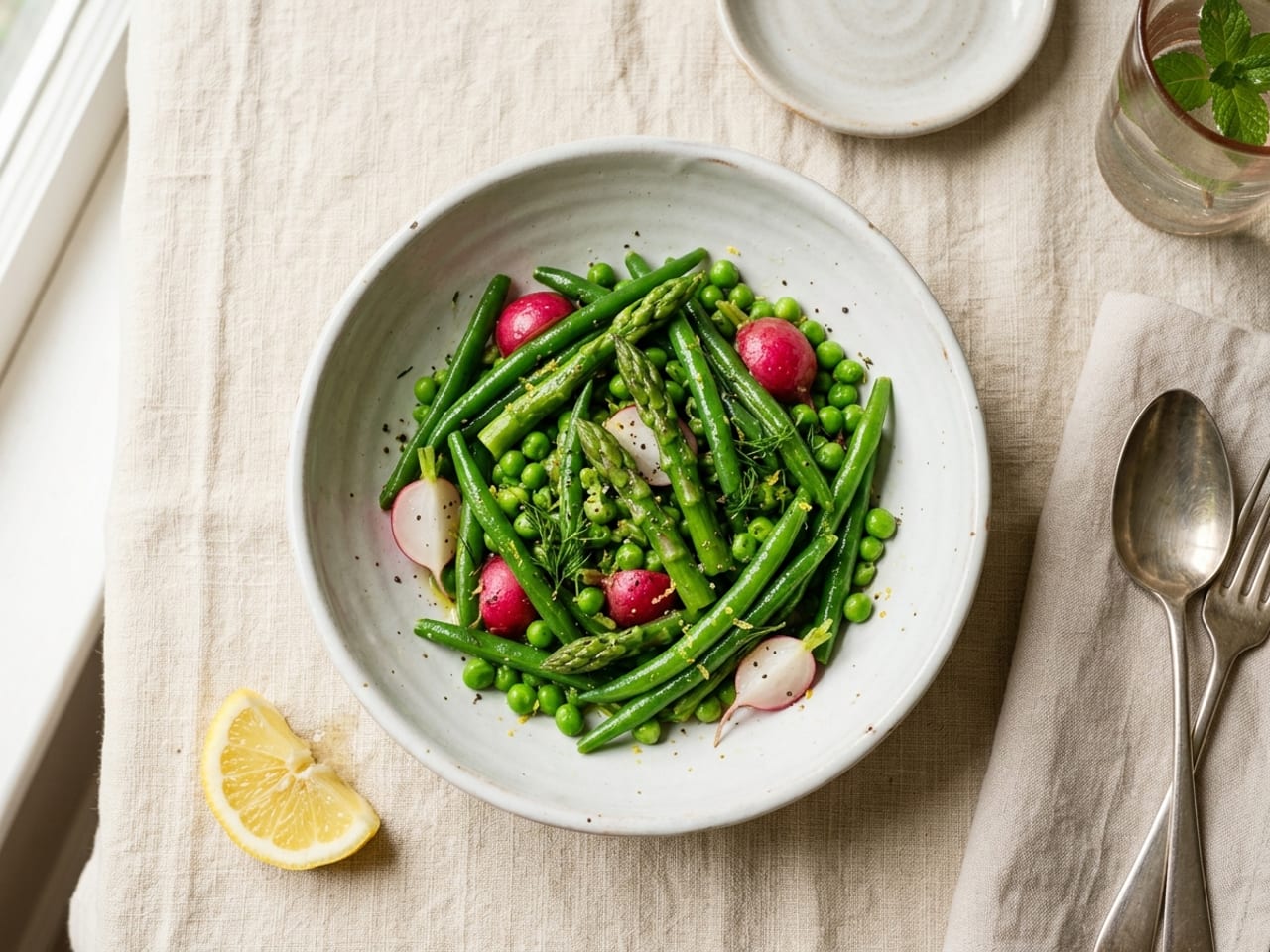 Overhead view of a white bowl of bright green beans, asparagus tips and peas cooked one minute short of done and glossy with butter