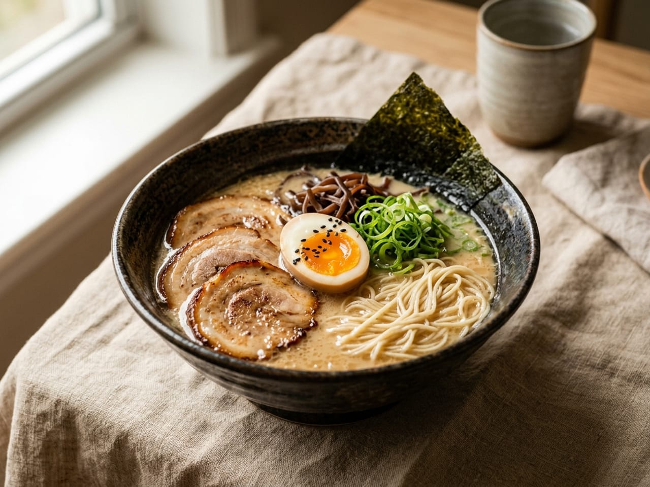 The identical ramen styled: noodles folded into a neat nest above the broth line, chashu fanned, an egg half face-up with jammy yolk, spring onions piled neatly and nori standing against the rim