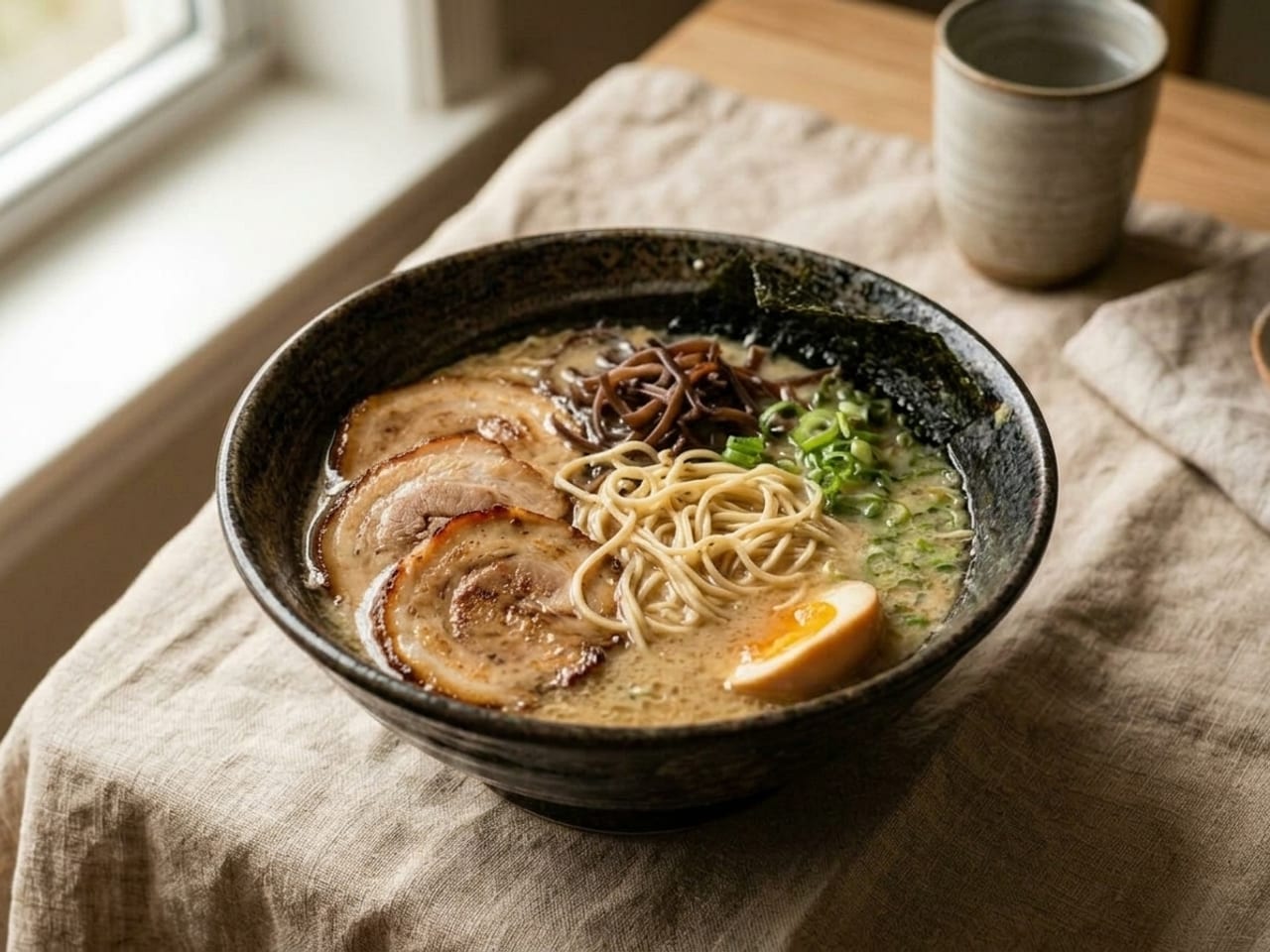 A bowl of ramen served without styling — noodles submerged and tangled, toppings sunk and scattered, broth surface dull