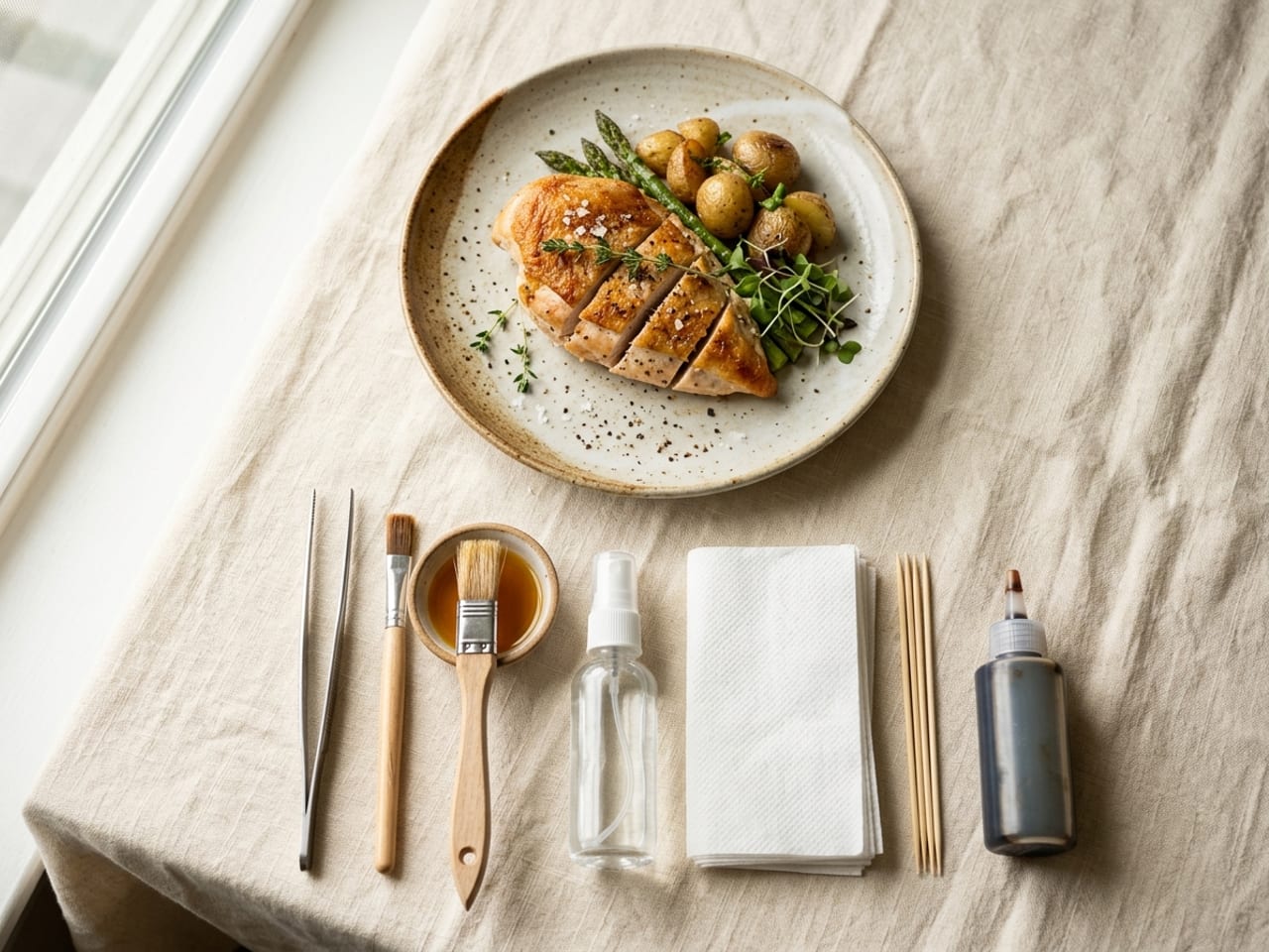 A home food styling kit laid out on linen beside a plated dish: fine tweezers, two small brushes, a mist spray bottle, wooden skewers and a squeeze bottle