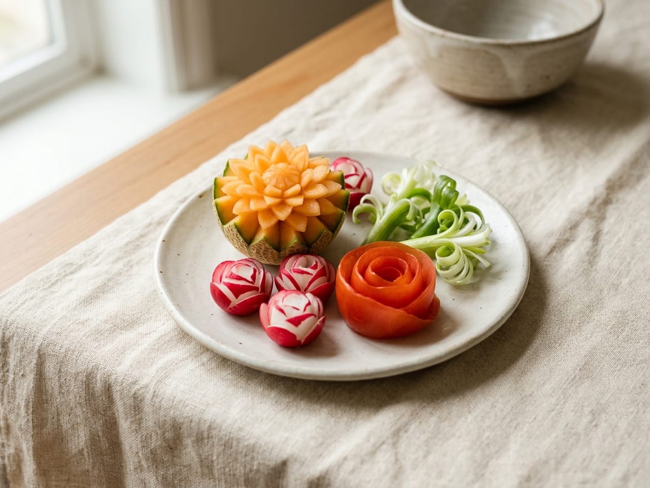 Carved fruit and vegetable garnishes on a white plate: a melon carved into a flower, radish roses, a tomato rose and spring onion brushes, the cuts clean and crisp