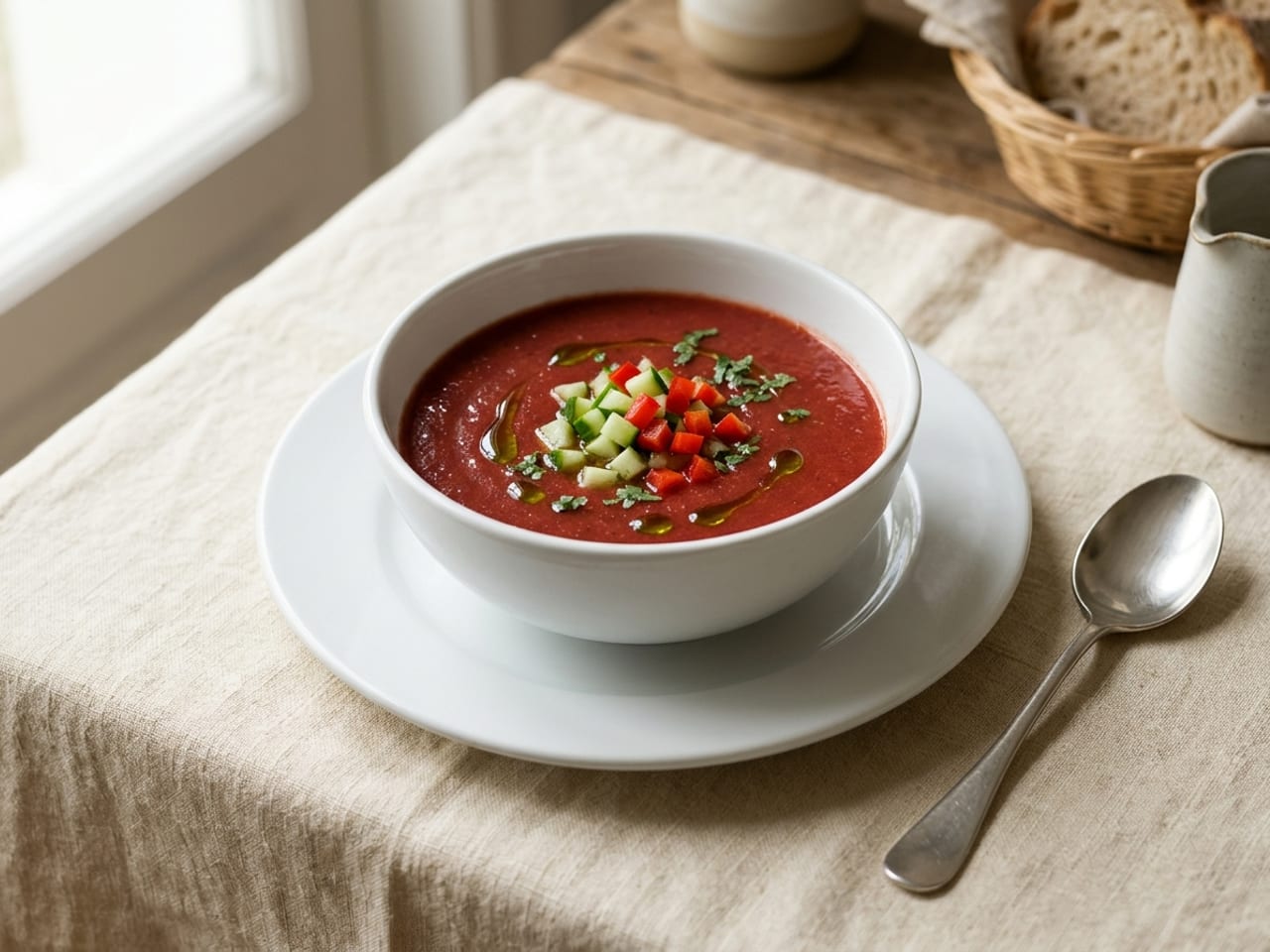 A bowl of chilled gazpacho, deep red and smooth, finished with a few drops of olive oil and a little diced cucumber and pepper on top, in a white bowl on a plate
